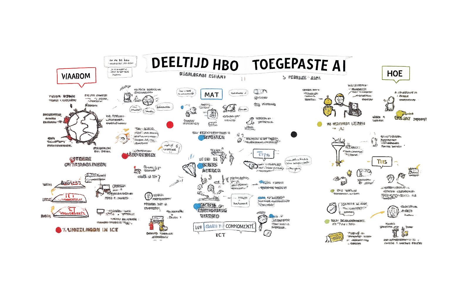 Handgetekende mindmap met als kop 'Deeltijd HBO Toegepaste AI', opgedeeld in drie clusters: Waarom, Wat en Hoe. Elk cluster hangt vol schetsen, pijlen en notities.